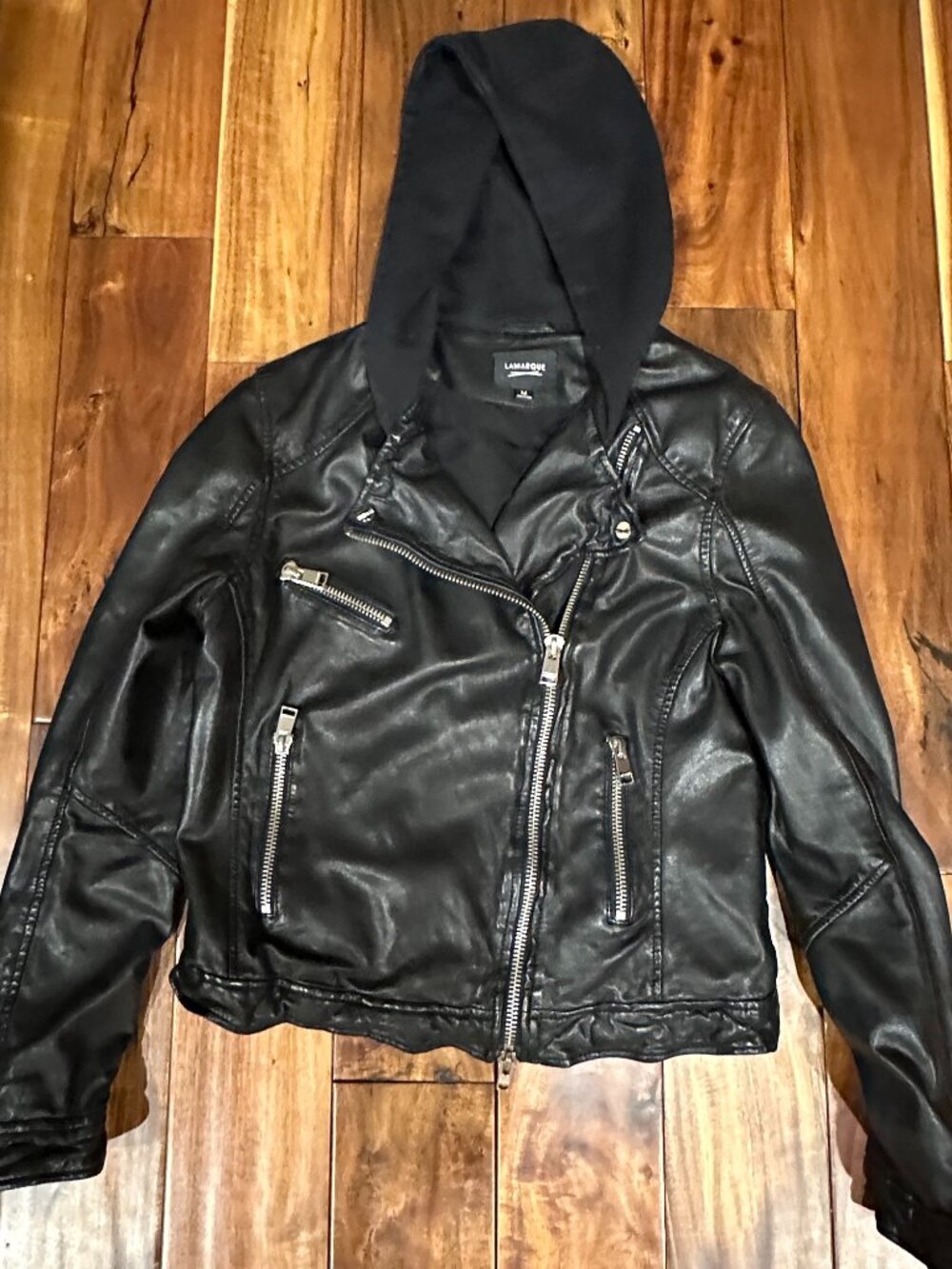 LAMARQUE BLACK LEATHER HOODIE BIKER JACKET MEDIUM - Picture 3 of 7